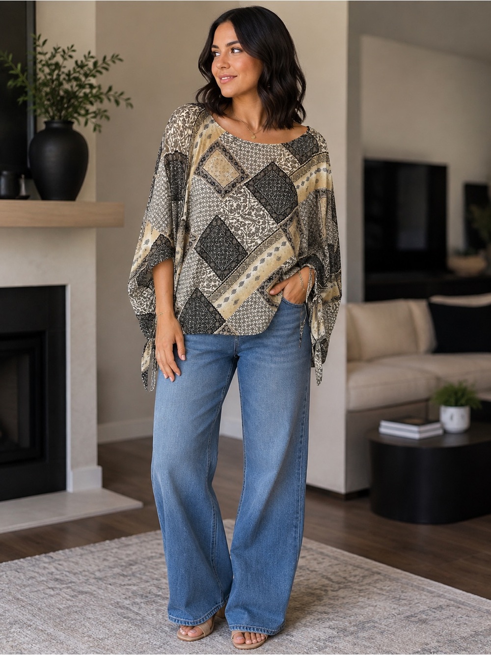 Relaxed Patchwork Dolman Tunic in Beige and Black